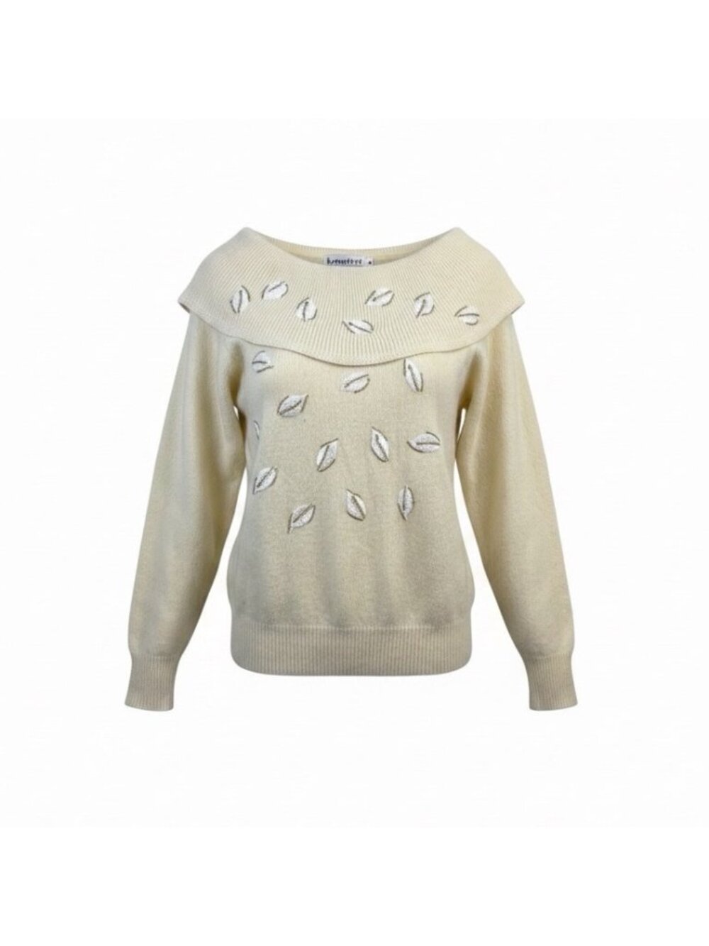 Première Womens Beige Lambswool Off-Shoulder Embroidered Sweater Size M